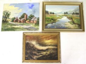 Three oil on board paintings. Including Audrey Blake landscape with a river, 45cm x 33cm, etc.