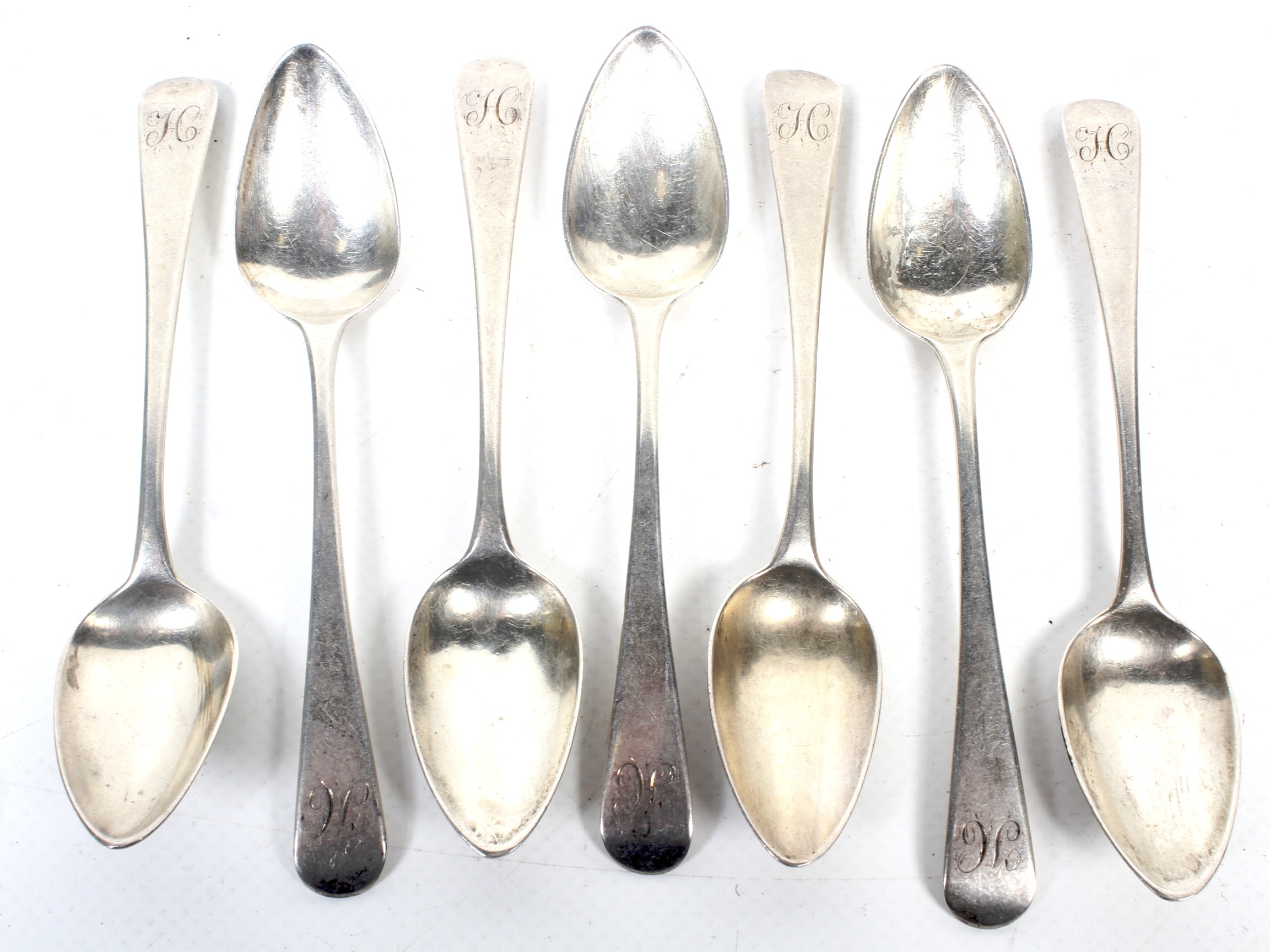 A set of six George III silver old English pattern tea spoons.