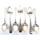 A set of six George III silver old English pattern tea spoons.