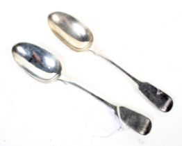 A pair of early Victorian silver fiddle pattern table spoons.