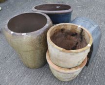 Six large ornamental garden plant pots. Four glazed and two terracotta. Max.