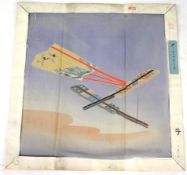 A vintage Japanese fabric print of three fans.
