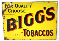 A vintage enamel advertising sign for 'Bigg's Tobaccos'.