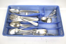 A collection of mostly old English pattern silver-plated flatware.