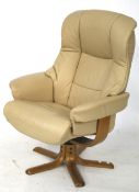 A recliner swivel lounge armchair. Light tan leather on a laminated wood base.