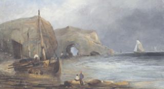 Late 19th century Marine School, oil on card, returning fishing boats. Unsigned, 22.5cm x 40.