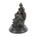 A patinated cast bronze sculpture of an Edwardian style lady figure signed 'Milo' mounted on a