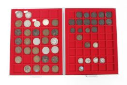 Two trays of English silver and copper coins including 1834 1/2 crown, etc.