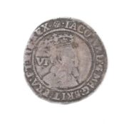 A James I 1605 sixpence coin,