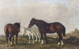 J F Herring Jr (1815 - 1907), oil on canvas, three horses in a landscape.