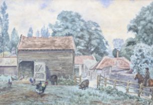 W Davis (1812-1873), watercolour, A Sussex farmyard scene with chickens and cockerals, pigs, etc.