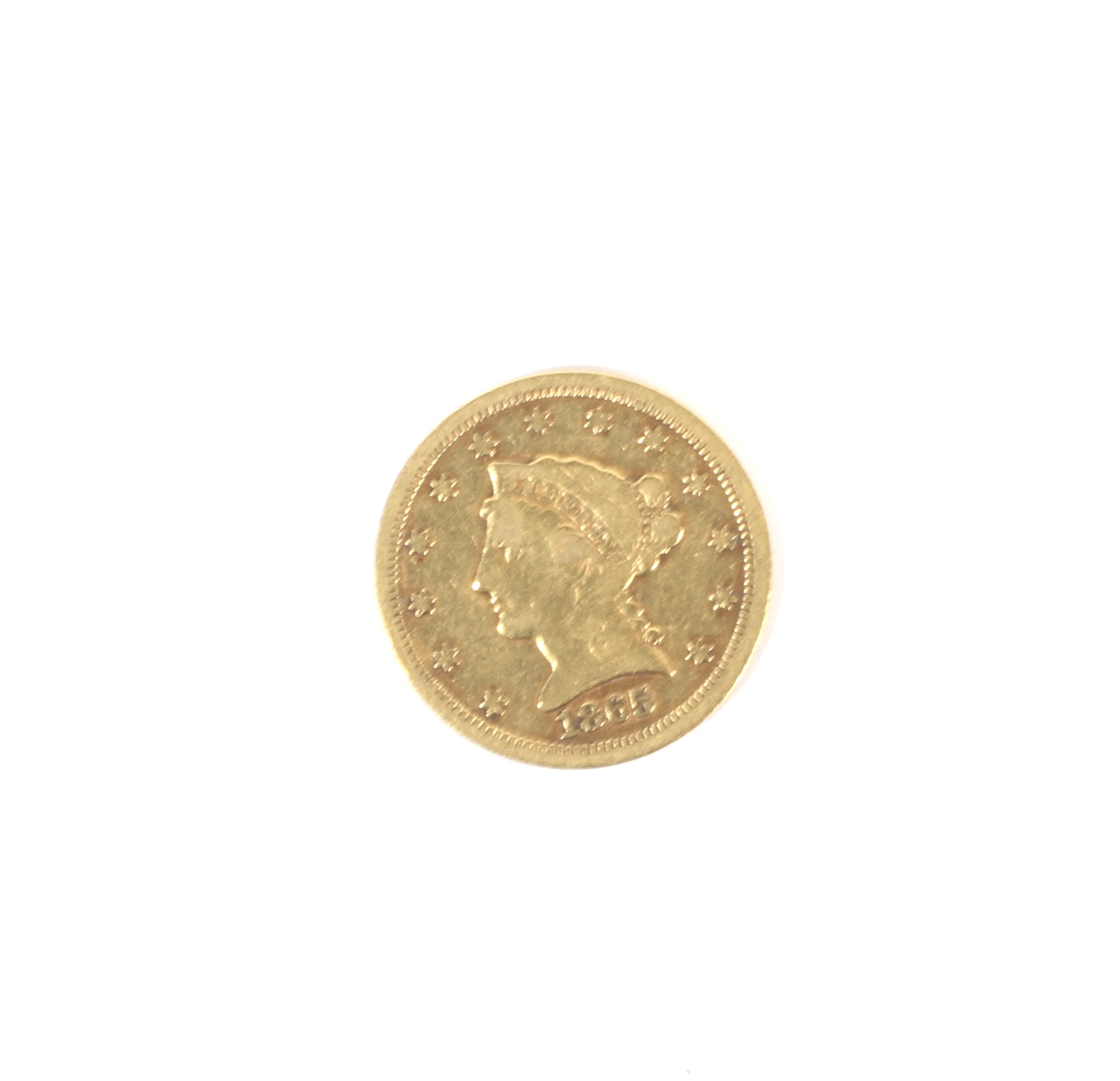 A rare USA 1865 (S) gold 2 and half dollar coin,