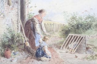 Myles Birkett Foster (1825-1899), watercolour on card, admiring young chickens.