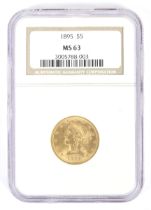 USA 1895 gold 5 dollar coin,