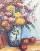 A Maul, 20th century, oil on board, still life of flowers. Signed lower right, 49.5cm x 39.