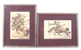 20th century Mongul School, a pair of watercolours of warriors on horseback. With inscription, 26.