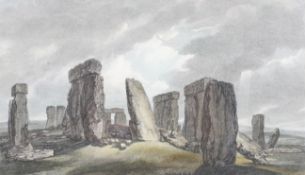 Hand coloured engraving, W Byrne & T Medland after Thomas Hearne, 1786, 'Stone Henge Feb 1786'.