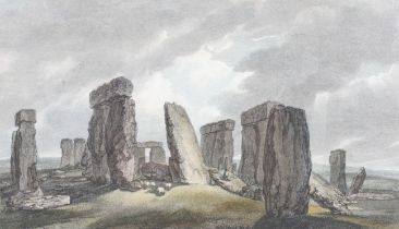 Hand coloured engraving, W Byrne & T Medland after Thomas Hearne, 1786, 'Stone Henge Feb 1786'.