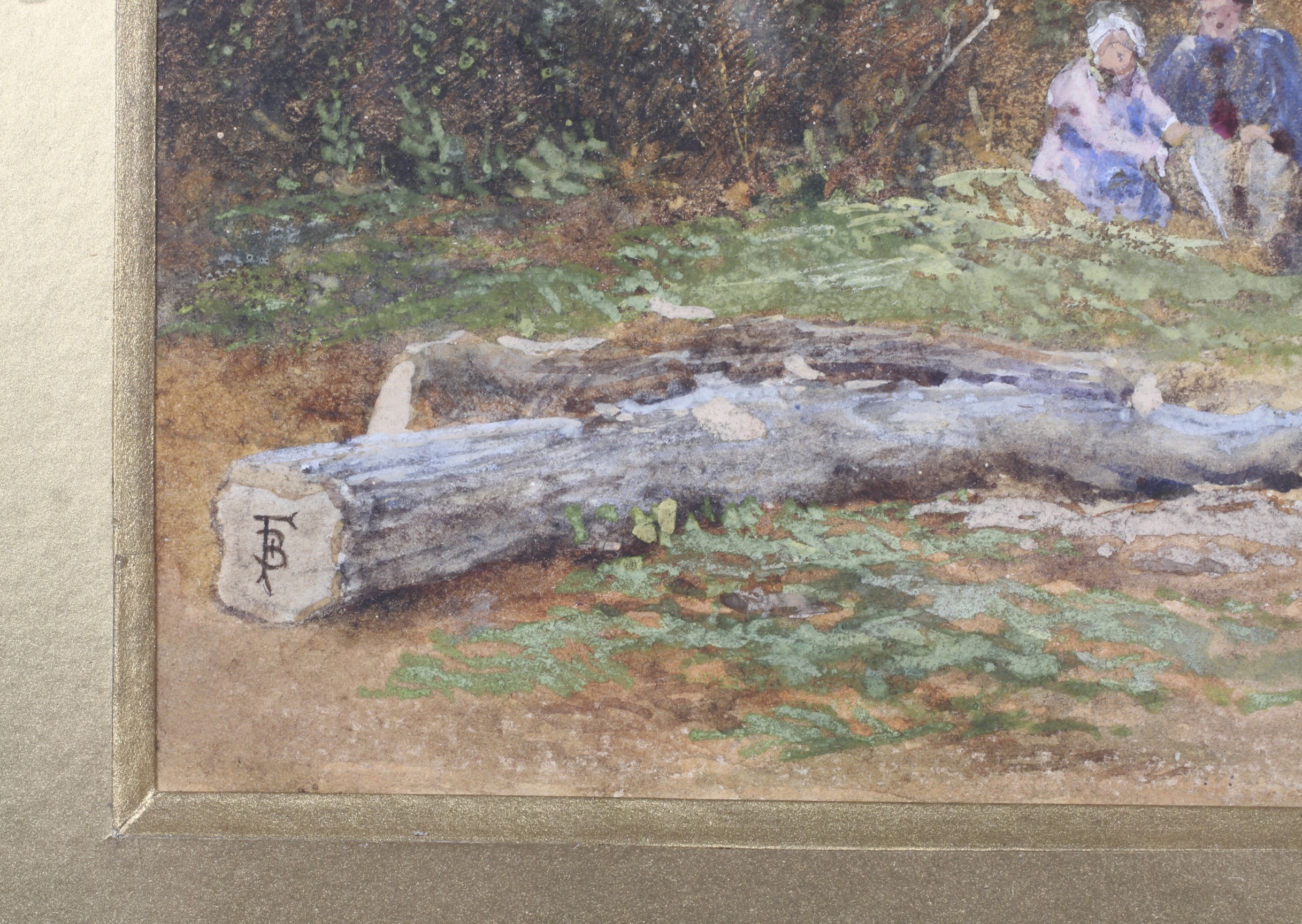 Myles Birkett Foster (1825-1899), watercolour with bodycolour, figures sat by a duck pond. - Image 3 of 3