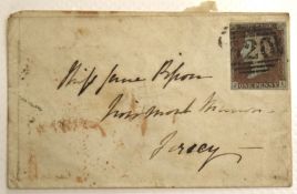 A 1847 1d red stamp on cover to Jersey. Good postmarks front and back marked Plymouth and Jersey.