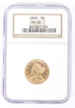 USA 1893 gold 5 dollar coin,