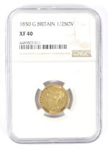 An 1850 half sovereign coin, slabbed XF40,