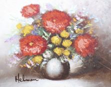 Helman, 20th century, oil on board, still life of flowers in a vase. Signed lower left, 19.
