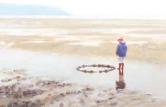 Wrench, 20th century, oil on panel, 'Sand Bay Weston-Super-Mare', young figure on a beach.