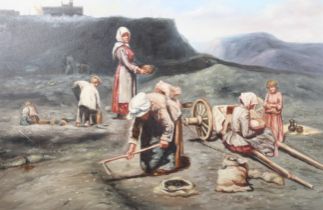 Geo Hodgson, 20th century, oil on canvas, Women and Children Working the Land. Signed lower right.