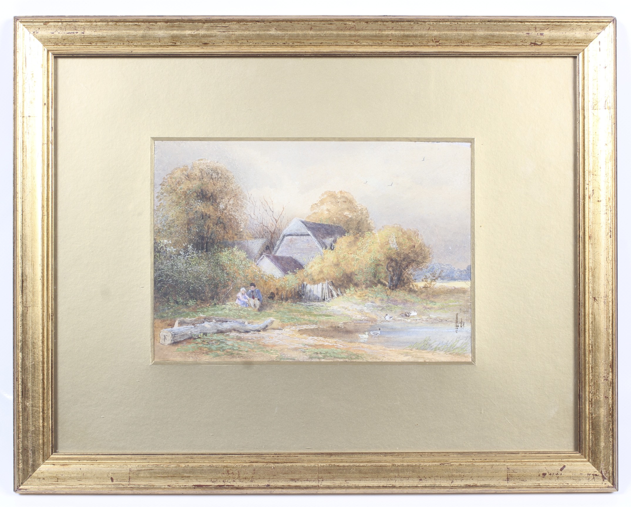 Myles Birkett Foster (1825-1899), watercolour with bodycolour, figures sat by a duck pond. - Image 2 of 3