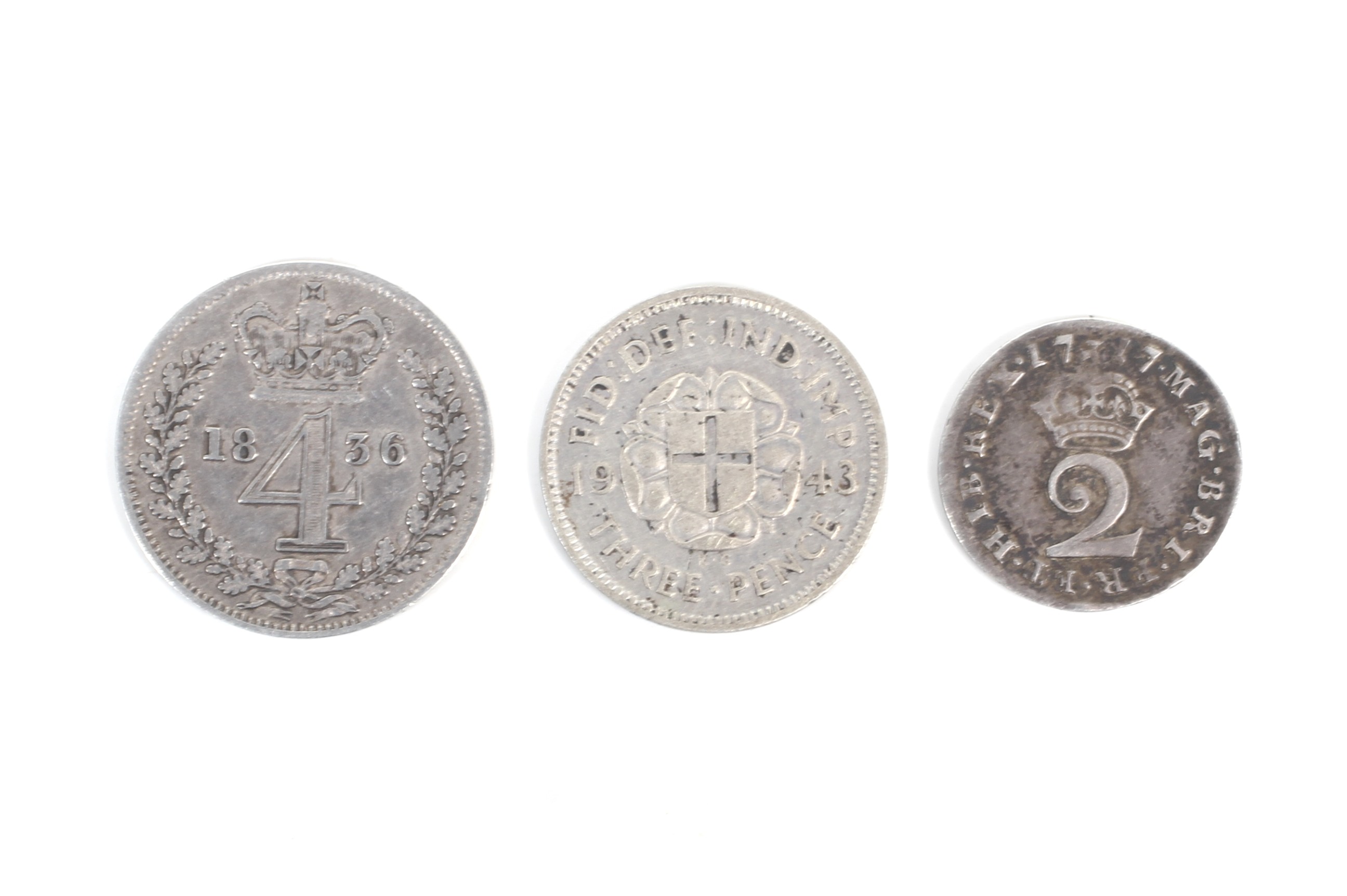 Three small silver coins: Two maundy coins: 1717 two pence and 1836 four pence, - Image 2 of 2