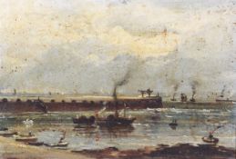 Late 19th century English School, oil on board, Broadstairs Kent with steam shipping, tenders etc.