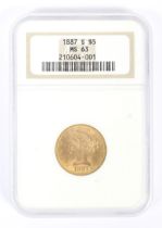 USA 1887 (S) gold 5 dollar coin,