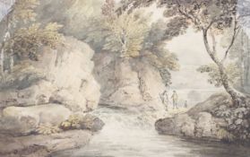 Thomas Girtin (1775-1802), watercolour on laid paper, figures beside a natural river weir.
