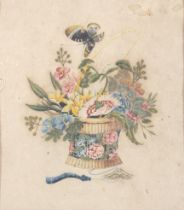 Chinese Regency, watercolour of a butterfly over a basket of peonies and other flowers.