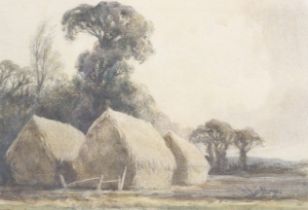 George Clausen (1852-1944), watercolour, haystacks in the corner of a field.