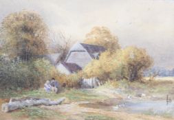 Myles Birkett Foster (1825-1899), watercolour with bodycolour, figures sat by a duck pond.