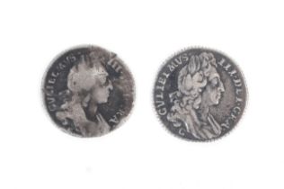 Two sixpence coins: A 1697 Chester mint and 1696 Exeter.