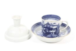 A 19th century Chinese export blue and white coffee can and saucer and a white glazed stem cup.