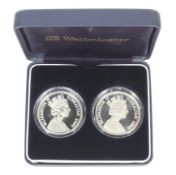 Two Gibraltar £5 silver proof coins from 2005 for VJ Day and VE Day. Cased.