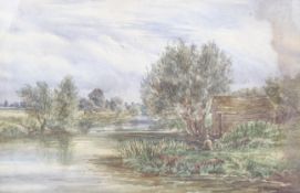 EM Wagstaffe, 19th century, watercolour, fishing on the willow lined river.