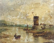 19th century Dutch School, oil on panel, a windmill by a river inlet,