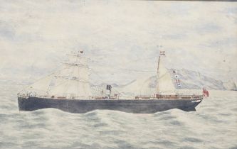 'SS Cassini off Holyhead ' Marine portrait watercolour of the Steam Sail Tyne built cargo ship