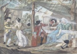 A 17th century hand coloured engraving of merrymaking outside a tavern.