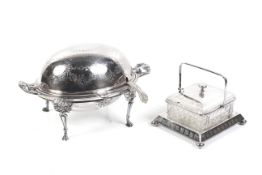 A silver-plated oval breakfast dish and an EPNS sardine dish on stand.