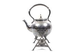 A silver-plated tea kettle on stand.