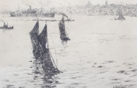 Arthur Briscoe, (British 1873-1943), engraving, 'The Three Barges', 1925.