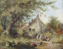 Manner of Edwin Master (circa 1840-1880), oil on canvas, figures by a cottage.