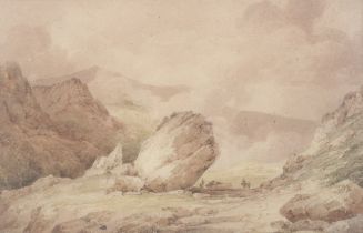 18th century English School, watercolour, The Bowder Stone, Borrowdale, Lake District.