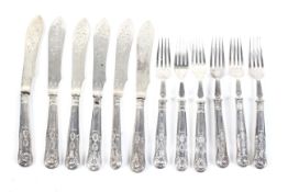 A set of six silver Kings pattern fish knives and forks.